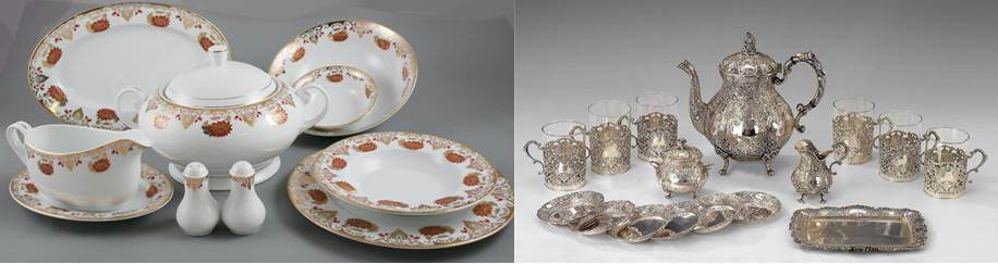 pratos de porcelana e prata
