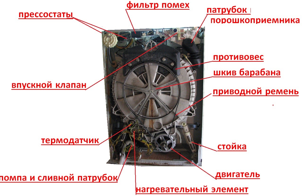 pagrindiniai Zanussi skalbimo mašinos komponentai