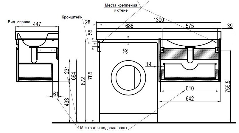 installation diagram for a countertop with a washing machine