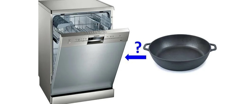 membasuh kuali besi tuang di dalam mesin basuh pinggan mangkuk
