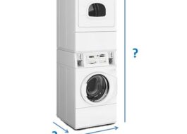 Dimensiones de una lavadora y secadora en una columna.