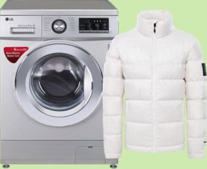 Naglalaba ng puting jacket sa washing machine