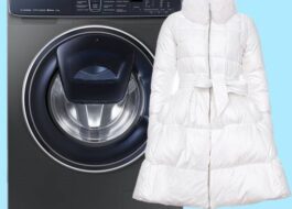 การซักเสื้อแจ็คเก็ตดาวน์สีขาวในเครื่องซักผ้า