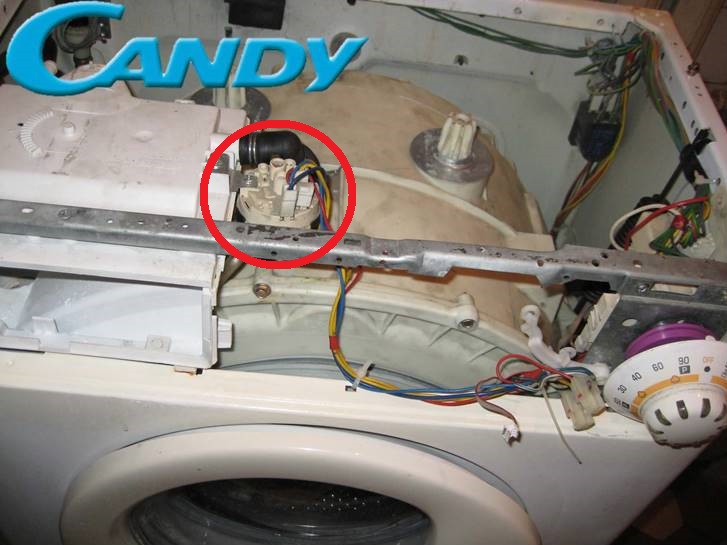 Di manakah suis tekanan terletak di mesin basuh Candy?